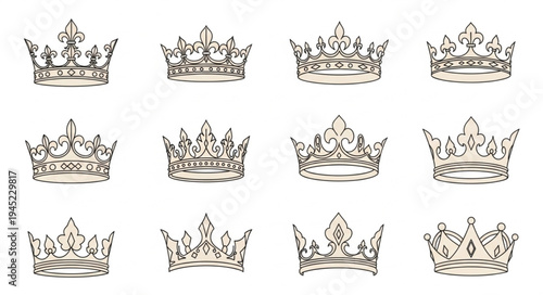 Collection of twelve ornate royal crowns in a grid pattern.