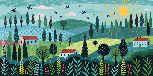 Stylized landscape illustration featuring a vibrant sun and rolling hills