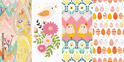 Colorful easter patterns featuring birds flowers and decorated eggs