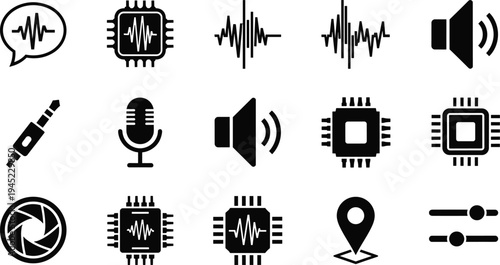 WebDigital audio and hardware technology icons featuring sound waves microphone processor chips and multimedia elements cad drawing flat vector illustration collection.