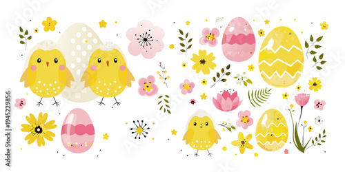 Cute cartoon chicks easter eggs and spring flowers on white background