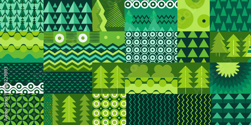 A vibrant patchwork of green geometric patterns and forest motifs