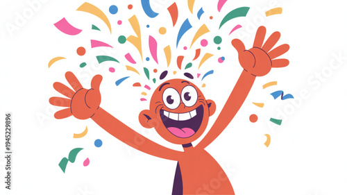 Smiling cartoon character celebrating with colorful confetti and raised arms in excitement and joy on white background