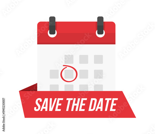 Red calendar with marked date and Save The Date ribbon banner