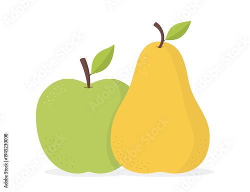 Green apple and yellow pear with leaves standing together
