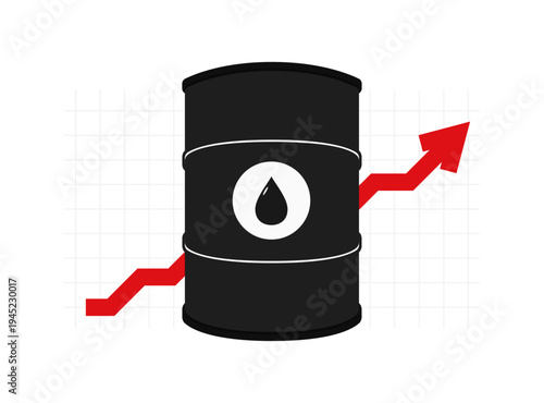 Black oil barrel with droplet symbol and red upward arrow showing rising price trend