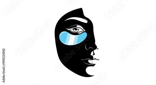 Abstract Black Face with Blue Eye Patches, Minimalist Beauty and Skincare Concept