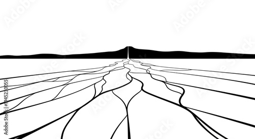 Abstract branching paths leading to a distant mountain peak under a clear sky.