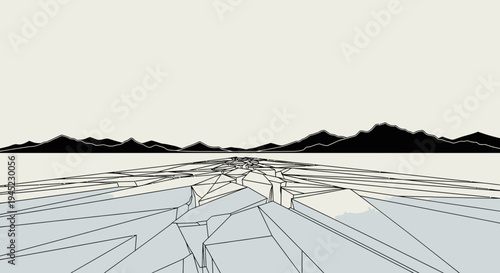 Abstract Cracked Ice Landscape with Mountain Silhouette and Minimalist Style