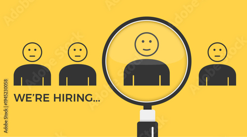 We are hiring concept with magnifying glass selecting person from group on yellow background