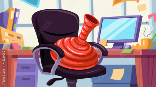 Whimsical office scene with a black chair and a vibrant red spiral object on a desk with a computer and various office supplies in a modern workspace