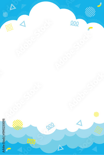 This cute illustration features a postcard-sized background of fluffy, bright and cheerful clouds. The main colour is light blue.