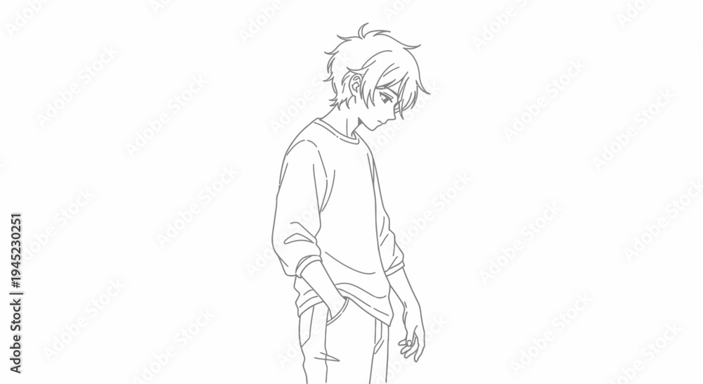 Obraz premium Anime Boy Line Art, Sad Teenager, Looking Down, Simple Sketch Style