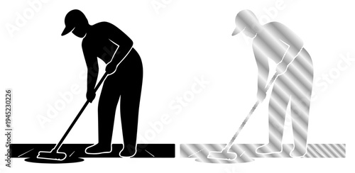 Worker with mop cleaning floor, represented in silhouette and stylized graphic