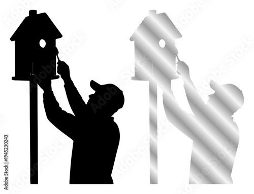 Person tending to a birdhouse, symbolizing care for nature and wildlife.