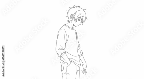 Anime Boy Line Art, Sad Teenager, Looking Down, Simple Sketch Style
