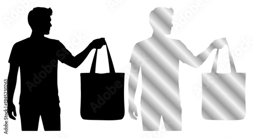 Man holding a reusable shopping bag, one silhouette in black, the other in silver stripes.