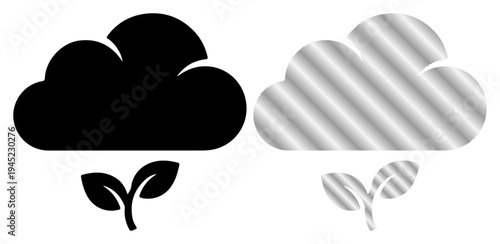Two clouds, one dark and one metallic, each with a plant sprout below, symbolizing growth and different conditions.