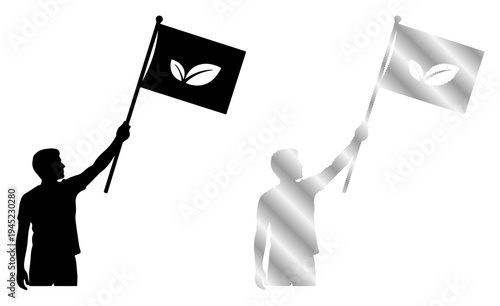 Person proudly holding a flag with a leaf symbol, representing environmental awareness and sustainability.