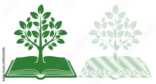 Green tree growing from an open book symbolizing knowledge and growth.