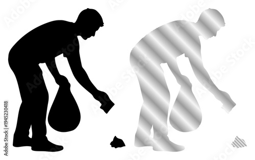 Person collecting litter in a bag, promoting environmental cleanup and responsibility.