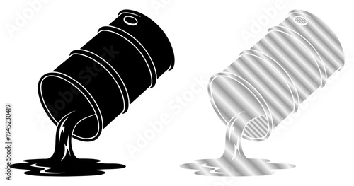 Two stylized barrels spilling dark liquid and light liquid, symbolizing industry and resources.