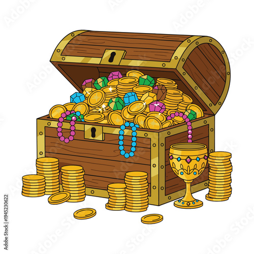Open wooden treasure chest full of gold coins and sparkling jewels in a vector illustration.