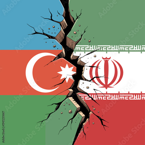 Illustration of Azerbaijan and Iran flags cracked apart symbolizing geopolitical tension and conflict.