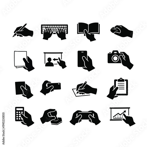 Hand Office Work Icons Set – Writing, Document, Keyboard, Camera Hand Gestures