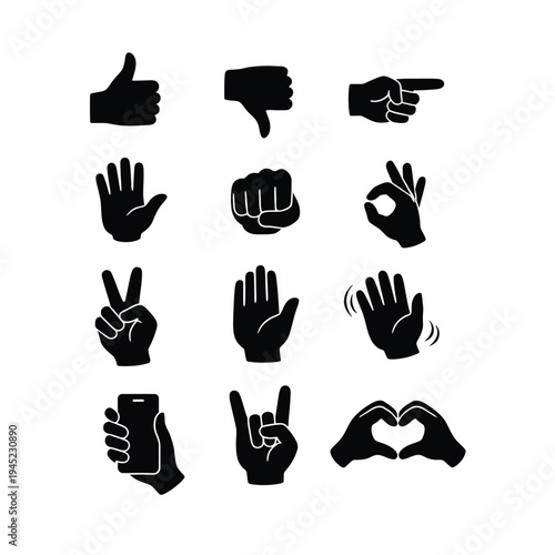 Hand Gesture Sign Icons – Communication Hand Signs, Finger Gesture Silhouette Set