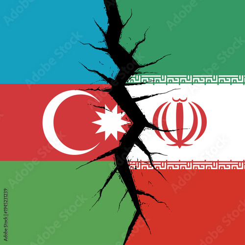 Illustration of Azerbaijan and Iran flags cracked apart symbolizing geopolitical tension and conflict.