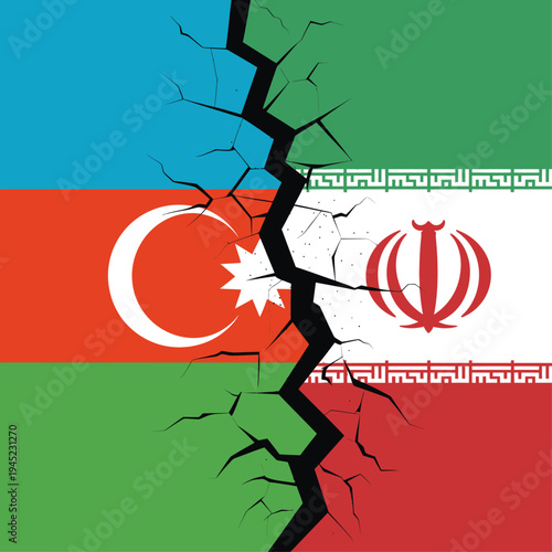 Illustration of Azerbaijan and Iran flags cracked apart symbolizing geopolitical tension and conflict.