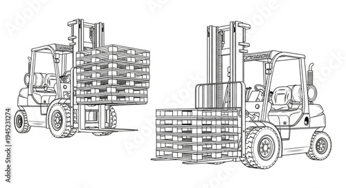 Two Forklifts Moving Wooden Pallets in a Warehouse.
