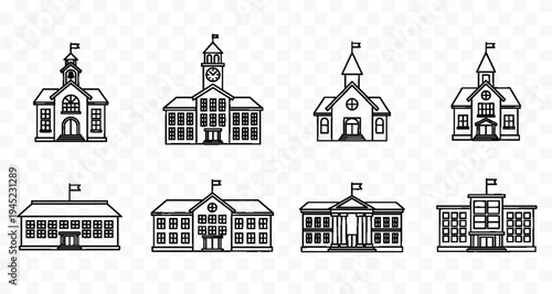 A collection of black and white line drawings of school buildings