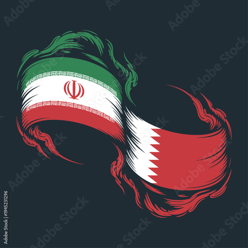 Illustration of Iran and Bahrain flags colliding symbolizing geopolitical tension and regional rivalry.