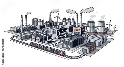 Industrial factory complex with smokestacks and wind turbines.