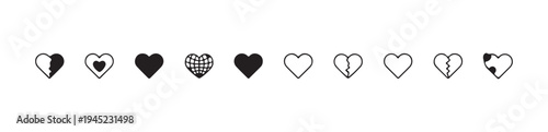 Set of ten simple black outline and filled heart icons for love and emotion