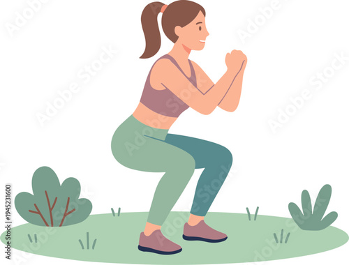 Woman doing squats in a park with green grass and plants nearby.