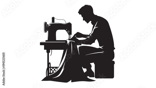 Black silhouette of man sewing on industrial machine