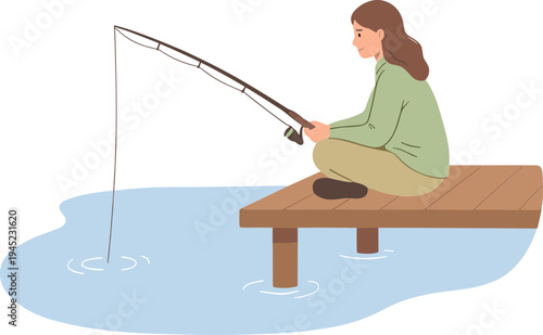 Woman fishing on wooden pier over calm water with fishing rod