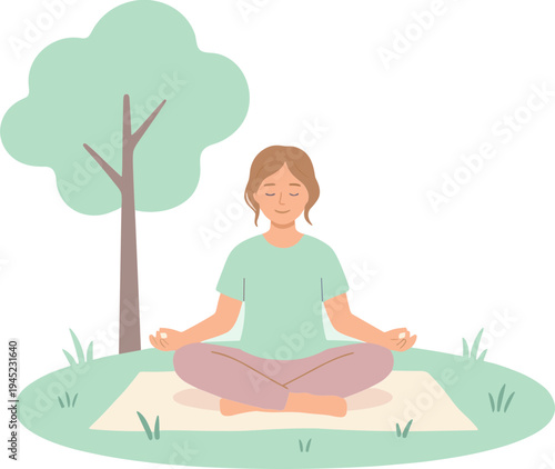 Woman practices yoga meditation outdoors under a tree on a mat in nature