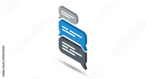 Three colorful speech bubbles in gray blue and dark gray stacked vertically on white background for communication and dialogue concepts