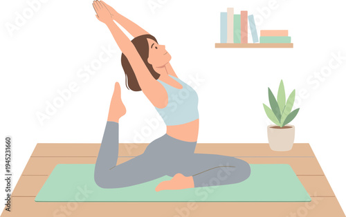A woman practices yoga on a mat in a room with a plant and books