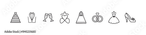 Marriage anniversary icons featuring bridal gown champagne glasses rings cake and shoes collection