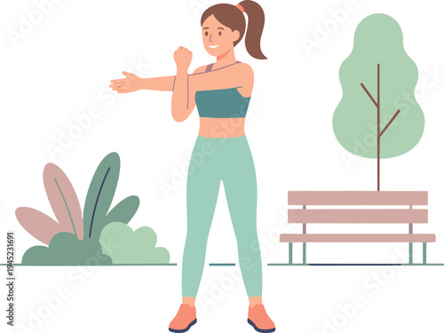 Woman exercises outdoors in park with trees and bench nearby.