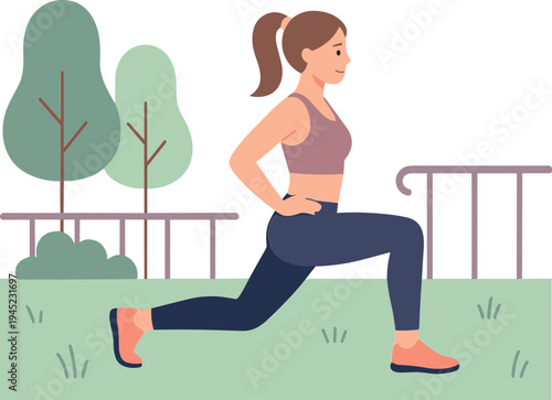 Woman performs lunges exercise outdoors in park with trees and fence