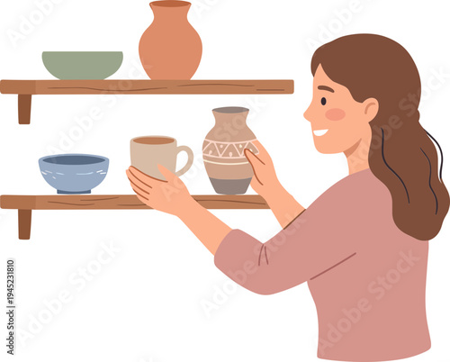 Woman holds ceramic mug on shelf with various pottery and vases indoors