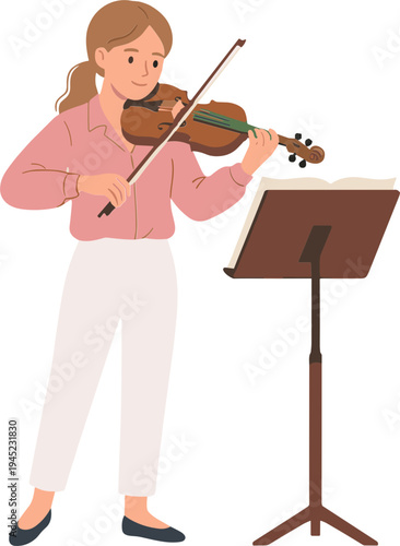 Woman plays violin with music stand nearby in a studio setting