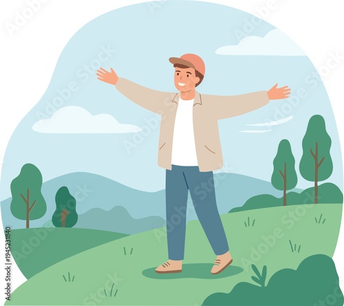 A man stands with outstretched arms on a green hill in a natural landscape.