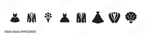 Wedding accessories and clothing icons set in silhouette on white background